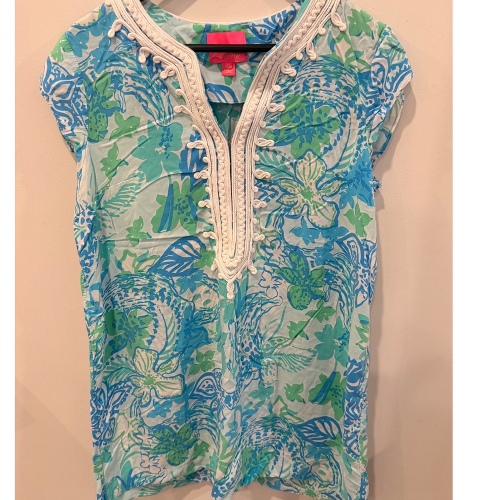 Lilly Pulitzer Madia Tropical Floral Tunic Dress Blue Green Women's XL